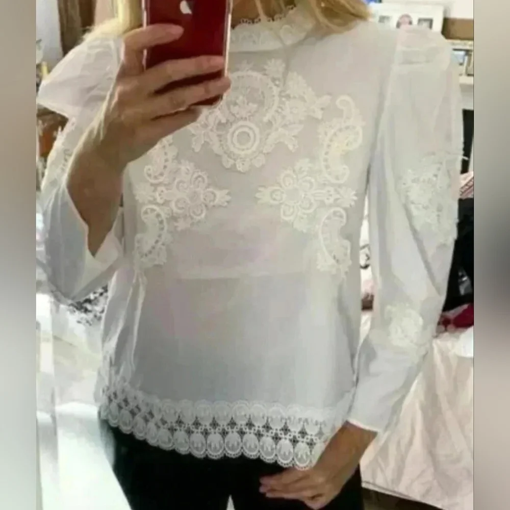 Zara Contrasting Combined Poplin Embroidered Cotton Top High Neck Blouse Lace